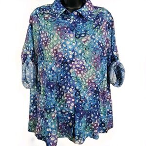 SNOSKINS Artsy Crinkle Button Up Top Size XXL Blue/Purple Semi Sheer Abstract